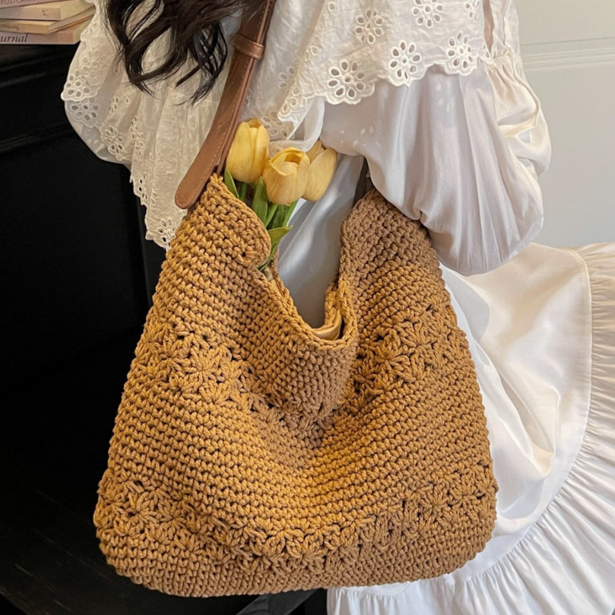Vacation Style Woven Large Bag For Women 2026 New Korean Knit Simple Shoulder Bag High Capacity Casual Beach Bag - Thumbnail 3