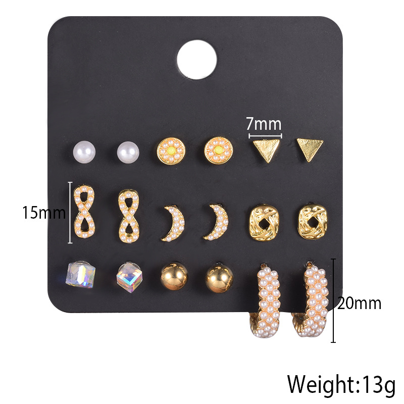 Simple Rhinestone Love Flower Geometric Stud Earrings 9 Pairs Set display picture 5