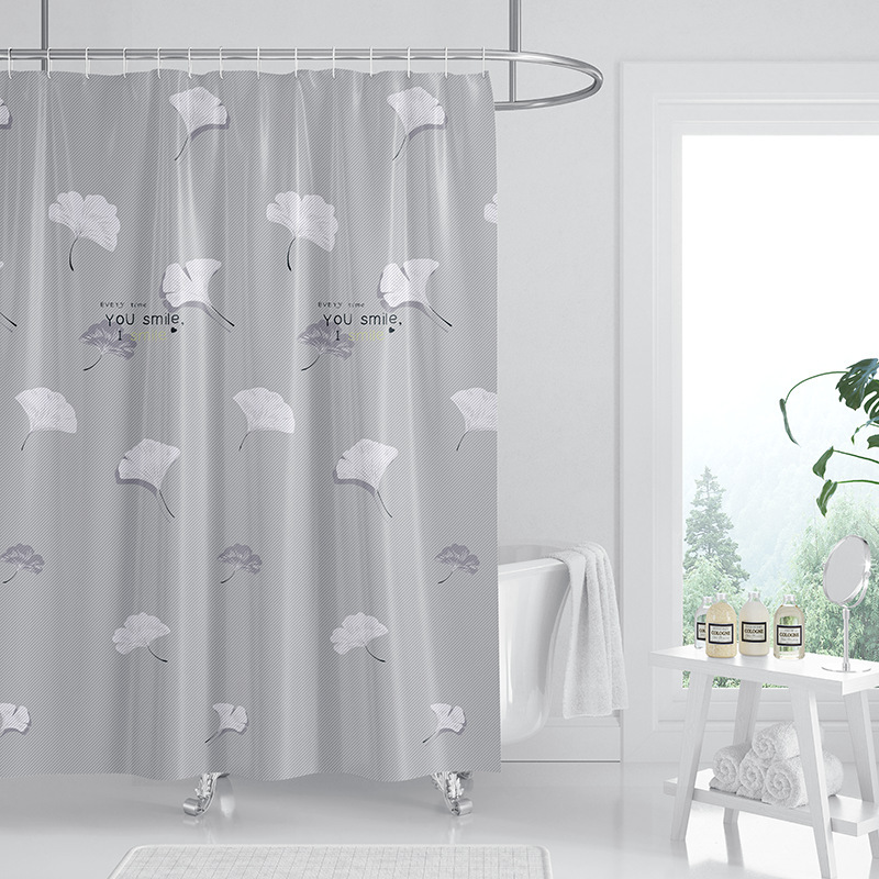 Factory direct supply hanging curtain easy to clean bath account foldable cross-border ginkgo leaf printing modern shading shower curtain with Hook