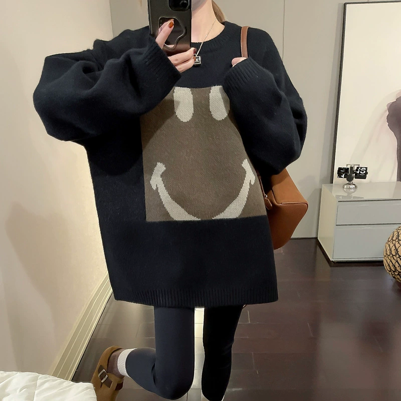 Осенняя и зимняя новая корейская версия свободная средняя длина ленивый стиль стиль жаккардовый цвет смайлик большой размер вязаный свитер женский пуловер