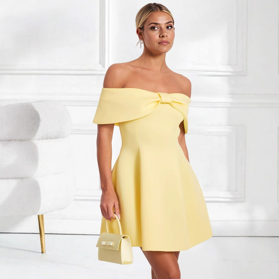 跨境速卖通亚马逊欧美时尚女装纯色修身新款气质修身一字肩连衣裙