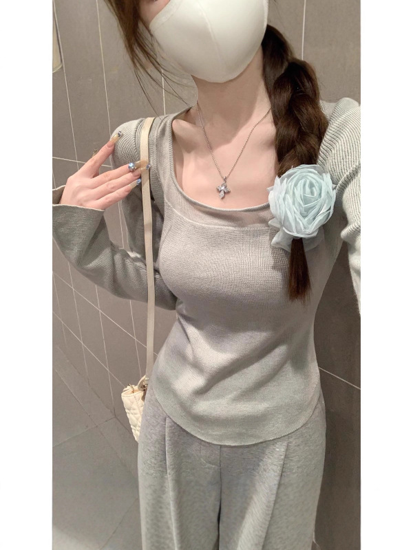 别致纯欲方领打底衫女内搭早春2025新款修身高级感长袖针织衫上衣|undefined
