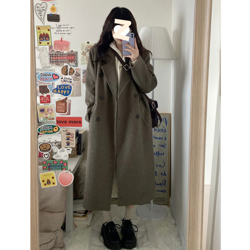 灰色小个子毛呢大衣秋冬新款赫本风双排扣呢子