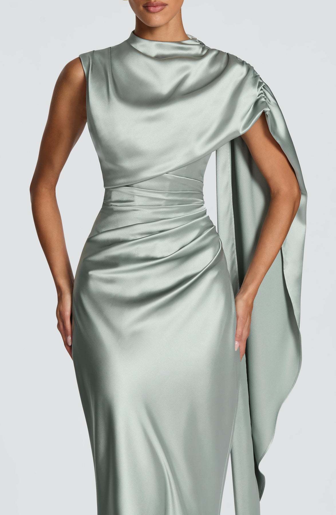 Women's Satin Turtleneck Dress With Ribbon Decoration For Evening_voghion.com