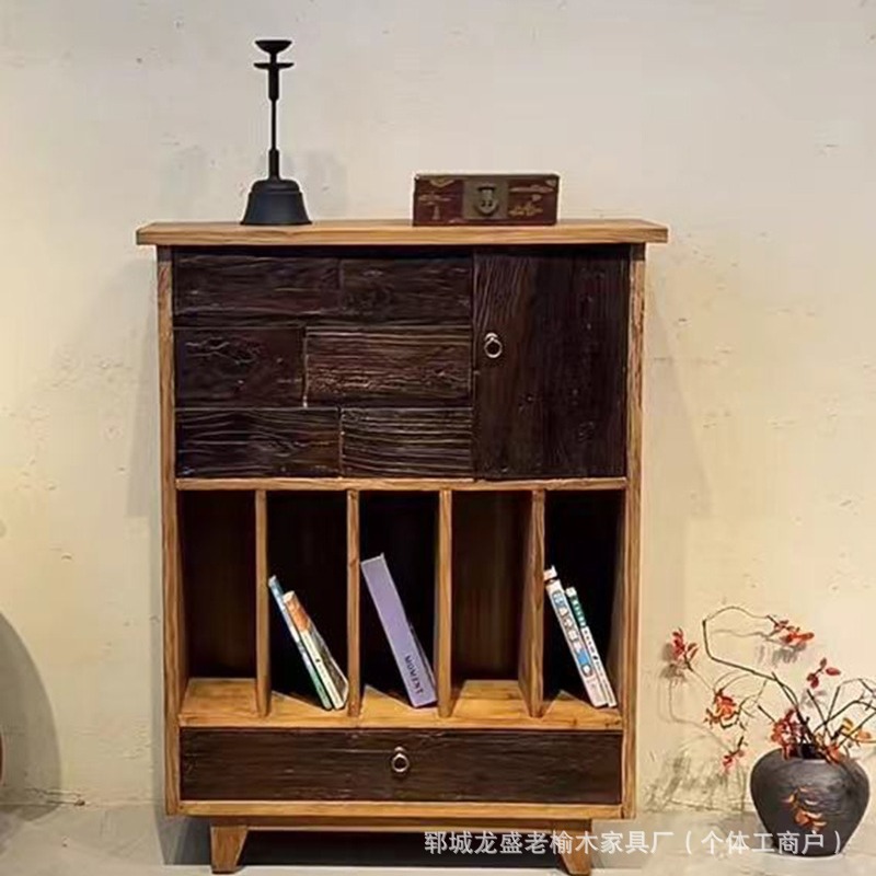 New Chinese Style Old Elm Tea Rack Living Room Sideboard Weathered Texture Ancient Shelf with Drawer Multi-Treasure Cabinet Display Rack