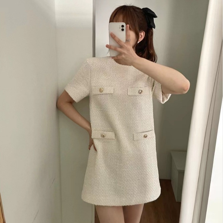 2025 Summer Korean Style Small Fragrance Four-Pocket Design Thin Thick Tweed Petite Loose Pullover Dress