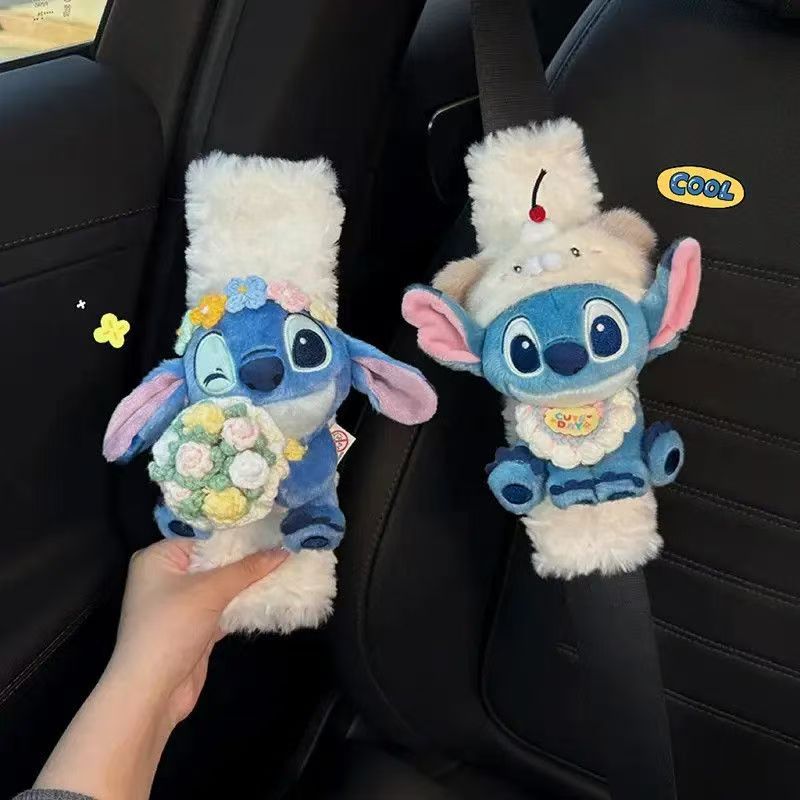 Cute Stitch car seatbelt shoulder pads, a pair of couple car decorations, plush dolls with a high-end feel for women