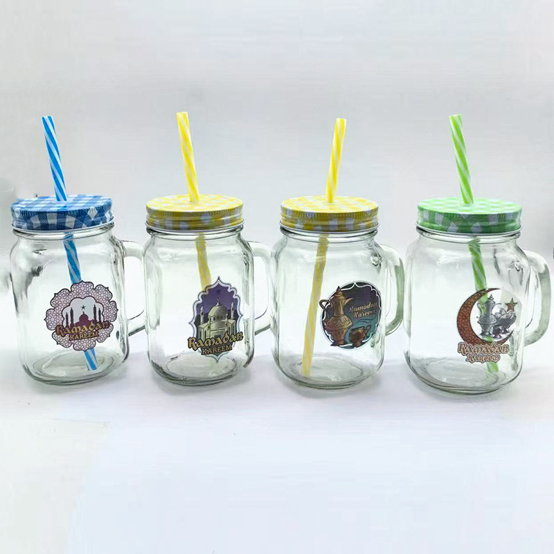 Tazas Mason con mangas de paja tazas de jugo creativas tazas de agua de vidrio de arena de color gradiente