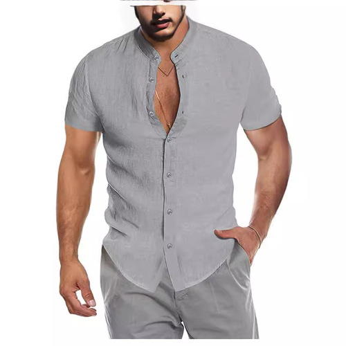 2024 Amazon eBay AliExpress Summer V-neck Linen New Open Collar Short Sleeve Men's Shirt
