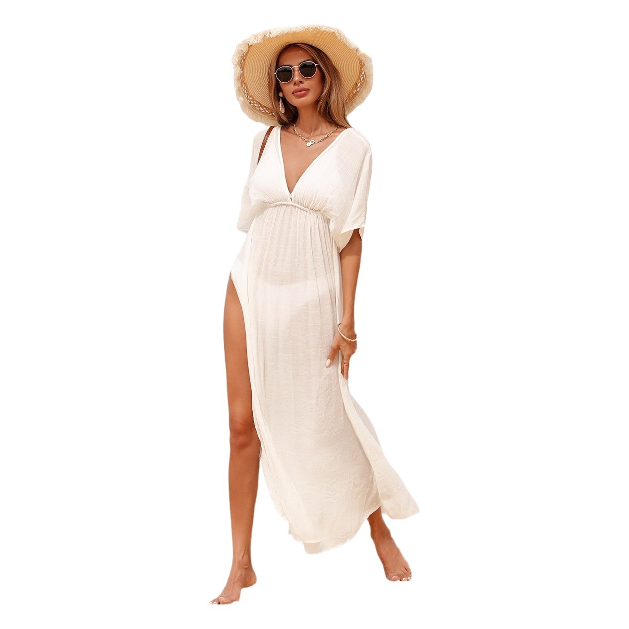 Falda en V profunda de Amazon Beach Vestido transpirable suelto de color sólido transfronterizo Chaqueta de protección solar de vacaciones Falda de vacaciones