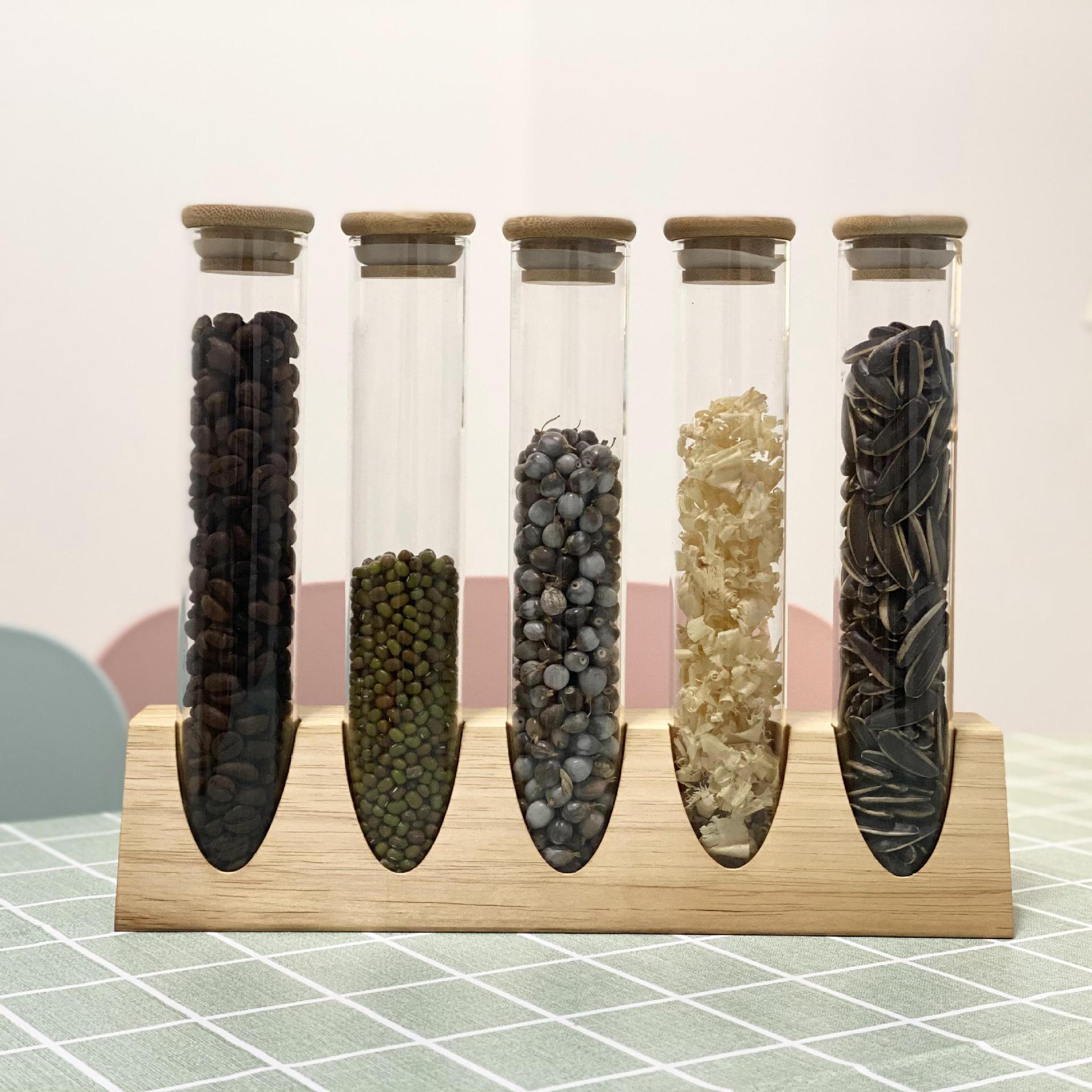 Tubo de ensayo de vidrio de borosilicato estante de exhibición de madera maciza muestra té granos de café cocina clasificación de almacenamiento tanque de almacenamiento