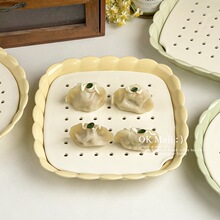 饺子盘炸物沥油盘双层沥水盘花边盘子陶瓷深盘菜盘奶油风多孔蒸盘