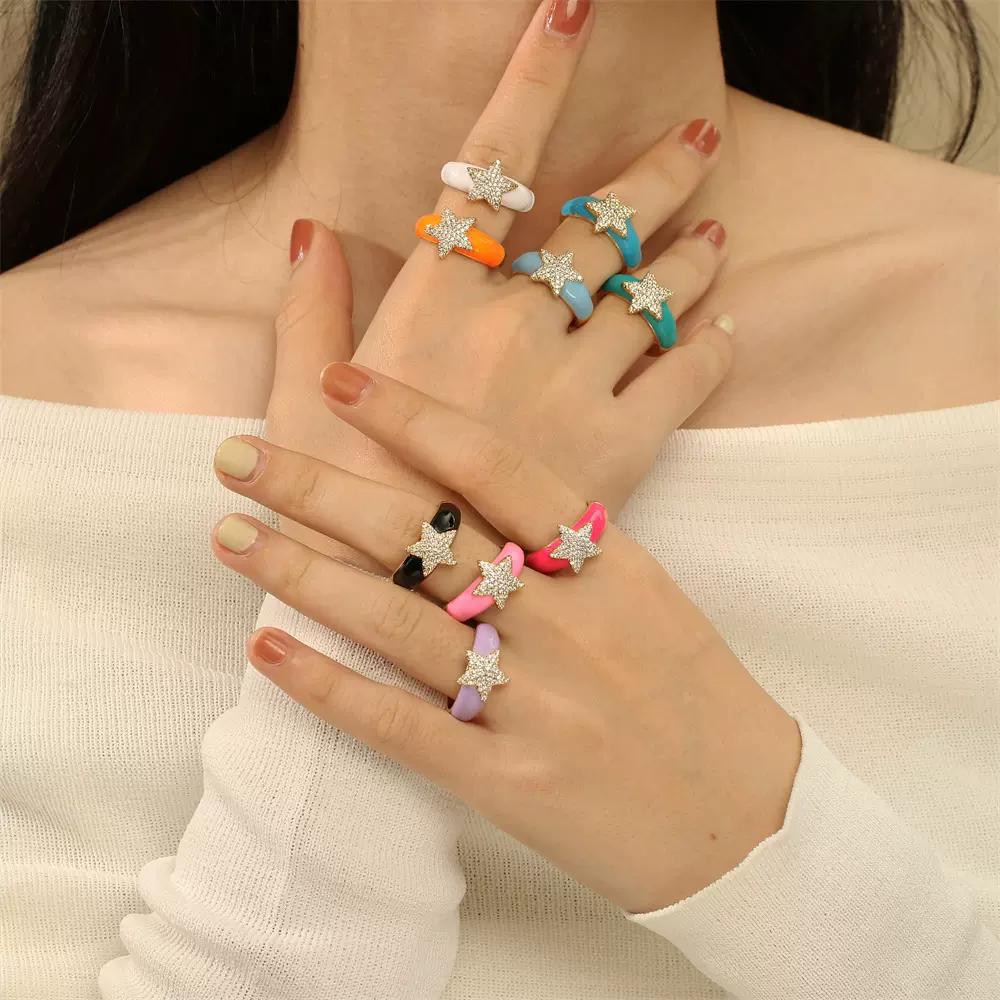 星星开口滴油戒指女时尚设计感气质指环网红个性可调节锆石食指戒