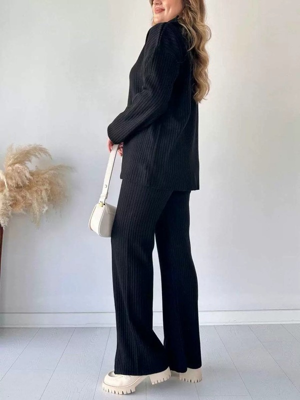 2025新款欧美秋季纯色套装高领坑条拉链针织家居服两件套跨境女装|undefined