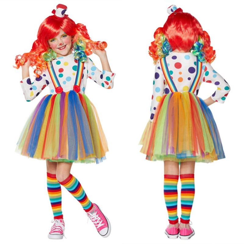 Halloween Kids Clown Costume Girls cosplay Masquerade Show Dress Rainbow Puff Dress