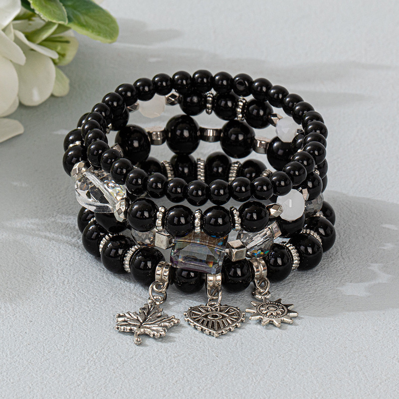 Bohemian Style Love Heart Devil's Eye Maple Leaf Sunflower Pendant Multi-Layer Elastic Cord Beaded Bracelet Wholesale