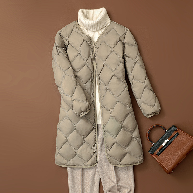Pinghu Cross-Border Lightweight down Jacket for Women, Mid-Length, New Autumn/Winter V-Neck Long Korean Style Coat, Collarless Inner Layer, Trendy