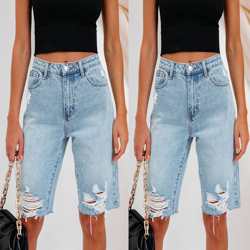 26 European and American Style Cross-Border Summer New Models Urban Casual Regular Wash Ripped Women's Denim Straight Pants 22863