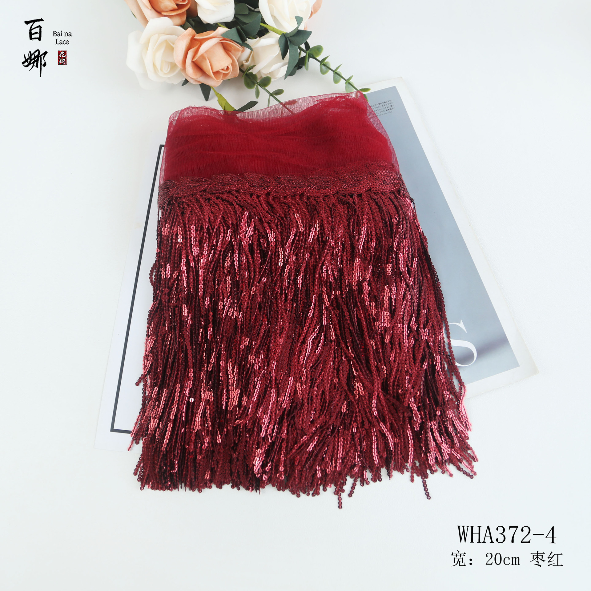 Flecos de lentejuelas láser de 20 cm en stock al por mayor del fabricante, borlas de flecos de lentejuelas para decoración de cortinas y ropa de baile DIY.