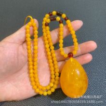 琥珀蜜蜡蜜糖色方牌毛衣链鸡油黄飘花老蜜蜡水滴吊坠项链男女款