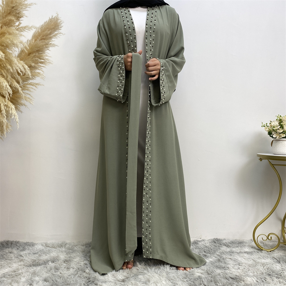 Arab Turkish Middle Eastern Fashion Elegant Solid Color Beaded Muslim Tie-Up Cardigan Robe 1838_ecoleips.com