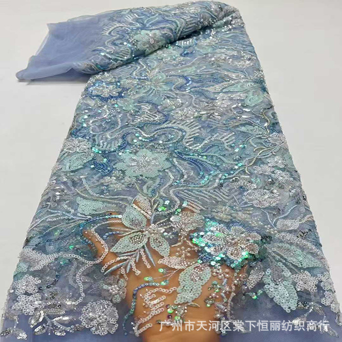 蕾丝刺绣 网纱彩色珠管亮片绣 走秀面料婚纱礼服布料 Africa lace