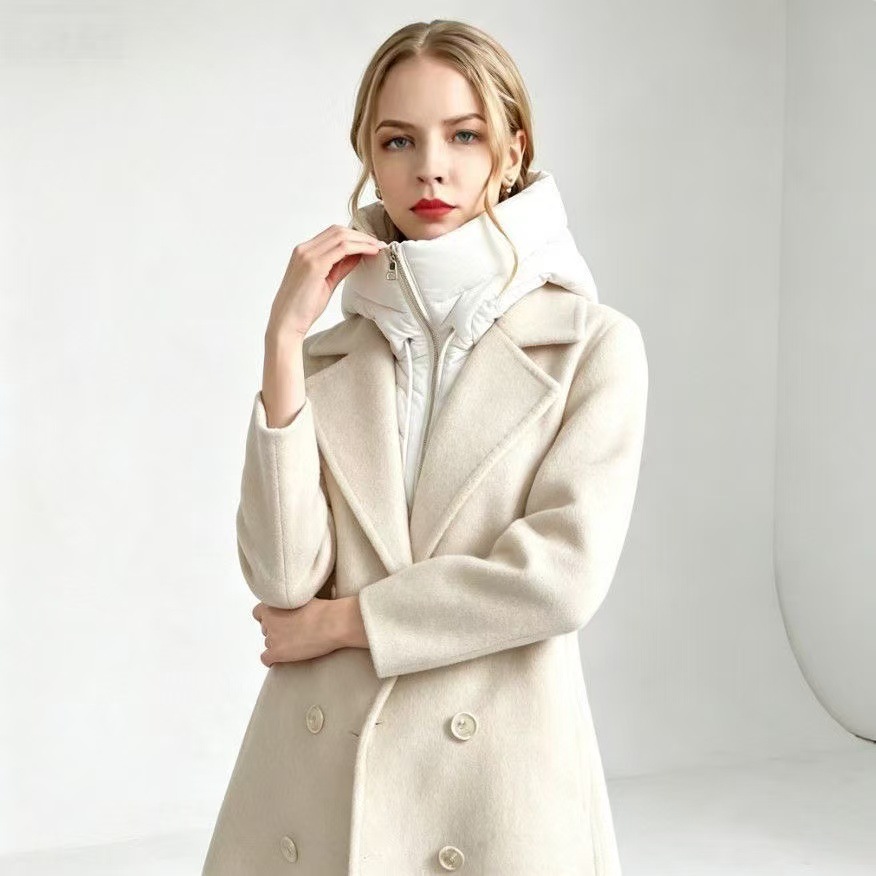 Detachable down faux hat, woolen coat with matching hat, zippered drawstring windproof neck-protecting hat, autumn and winter hat