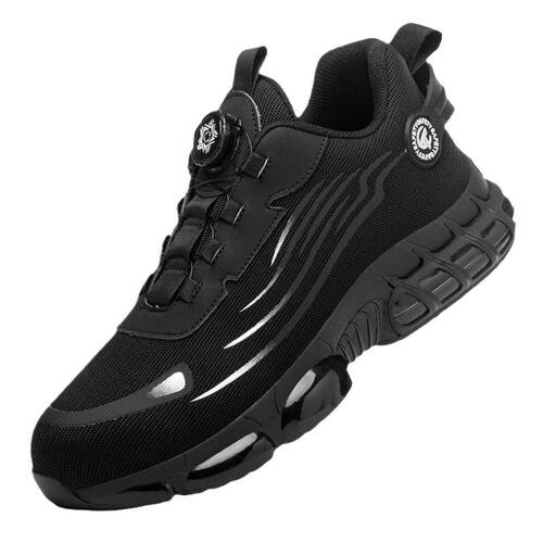Ergonomic laceless safety shoes with anti-puncture and anti-smashing features, featuring rotating buttons for easy wear. Lightweight and breathable fabric construction.