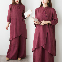 実写修行禅服仏系禅意素衣セット中国式ラミー麻2点セット斜襟居士服禅修服