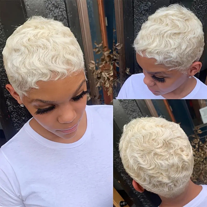6inch 60# color human hair wig pixie cut真人发发套白色发套|undefined