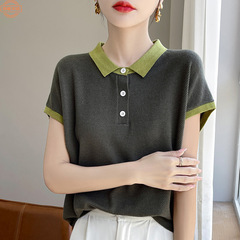 減齢小折り襟天糸ニット半袖女性夏新ファッション衝突色POLO襟ライセルtシャツ上着