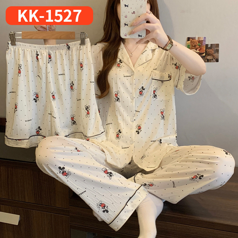 ネットセレブ人気の女性用半袖パジャマ、夏のストライプリボン、スイートホーム服、しわのある布の3点セット、リアルショット卸売|undefined
