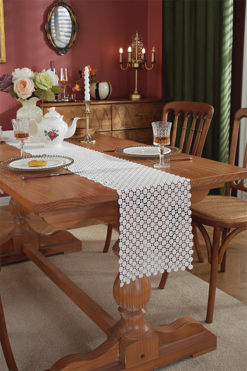 Rustic Romantic White Hollow Floral Lace Table Runner Decor_voghion.com