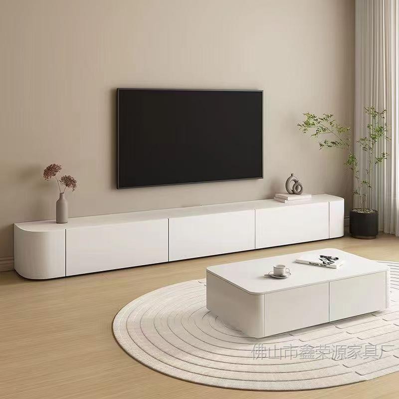 Nordic Cream Paint White Tv Cabinet Floor-Standing Back Hollow Light Luxury Simple Integrated Tv Cabinet Small Apartment