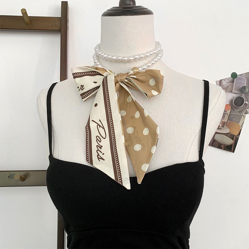 Collar de perlas Pañuelo de seda pequeño de tira larga Sentido de alta calidad Primavera y verano Nuevo estilo Bufanda de todo fósforo Turbante retro Cinta para el cabello