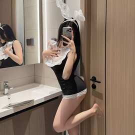 苏氏新款黑白配情趣内衣纯欲蕾丝包臀裙性感兔女郎OL制服小胸诱惑