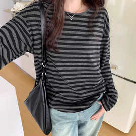 春秋季女装新款 韩版辣妹时尚休闲宽松慵懒风条纹长袖T恤上衣罩衫