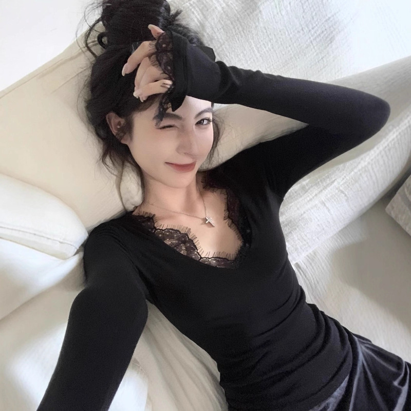 Explosions Pure Desire Lace V-Neck Long-Sleeved T-Shirt Women's Sexy Inner Base Shirt Slim-Fit Age-Reducing All-Match Elegant Top Women