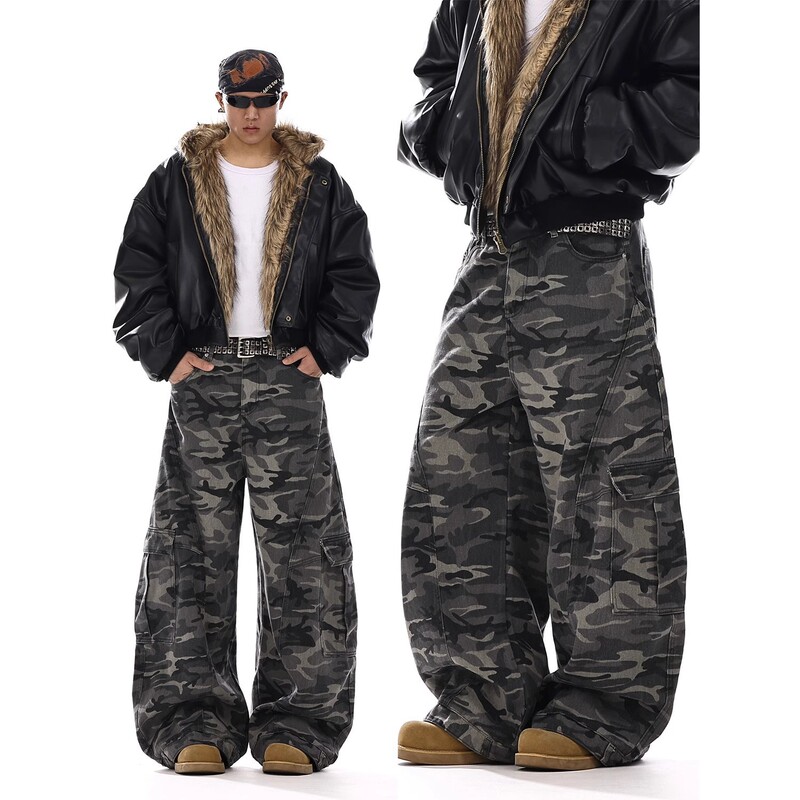 American Retro Camouflage Scimitar Jeans for Men, Trendy High Street Style with Pocket Design, Straight Casual Loose Workwear Pants American Retro Camouflage Scimitar Jeans for Men, Trendy High Street Style with Pocket Design, Straight Casual Loose Workwear Pants