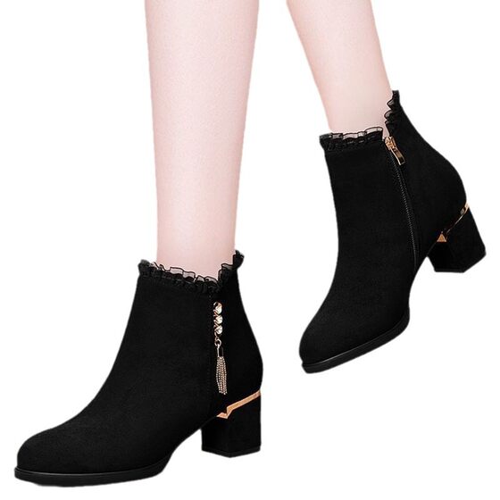 Cross-border plus size Suede Thick Heel Rhinestone Pendant Short Boots French Elegant Pointed Fashion Boots Autumn and Winter fleece-lined Leather Boots
