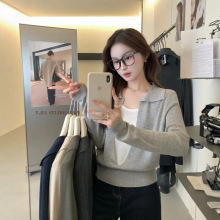 早秋新款假两件翻领设计感针织衫毛衣修身显瘦气质百搭收腰上衣女