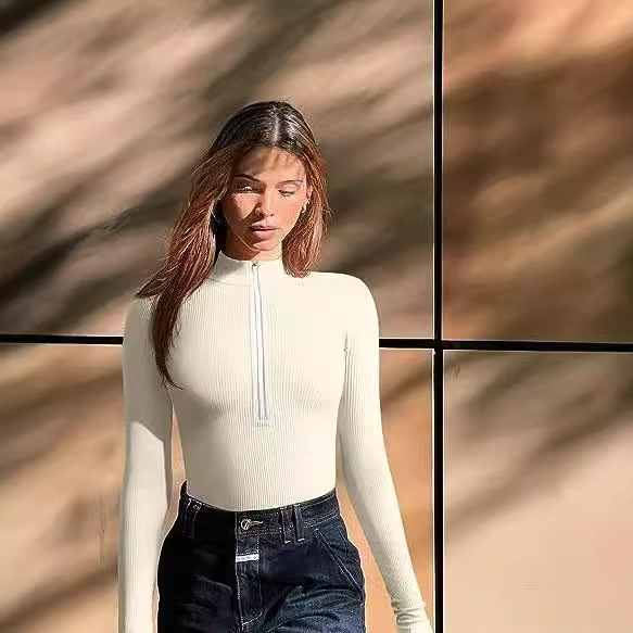 Ribbed Long Sleeve Bodysuit With Front Zipper - Stretchy Soft Fabric For Women, Seamless Layering Top, Comfortable Casual And Night Out Jumpsuit_ecoleips.com