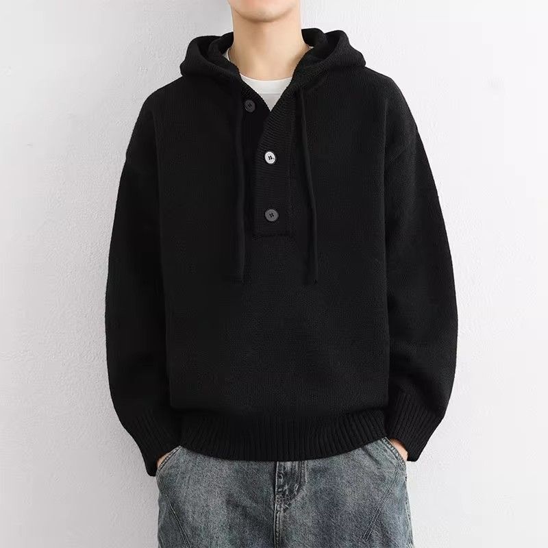 Autumn and Winter Stylish Lazy Style Hooded Loose Sweater Men's Half-Cardigan Knit Pullover Top