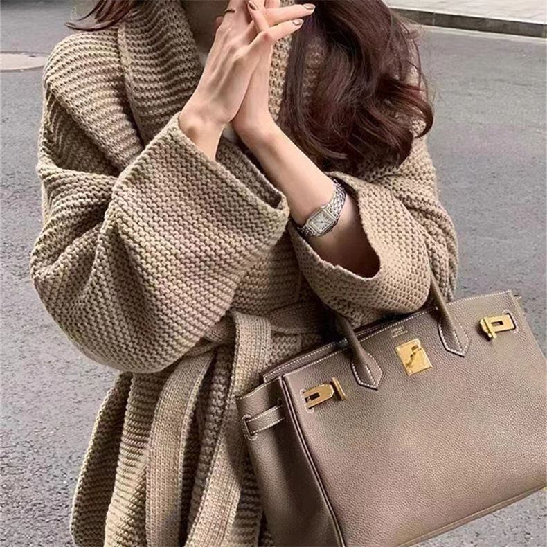 Heavy Waist Tight Strap Design Loose Large Size V-neck Cardigan Jacket Women's Autumn New Lazy Thick Sweater