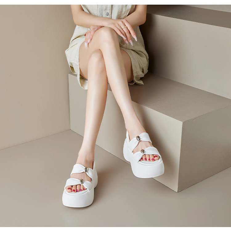 Sandal nữ đế xuồng dày 8cm quai ngang hở mũi phong cách La Mã — đen, trắng chi tiết 10