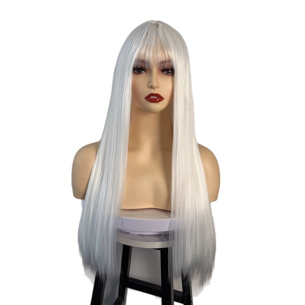Anime wig female long hair white air air bangs long straight hair…