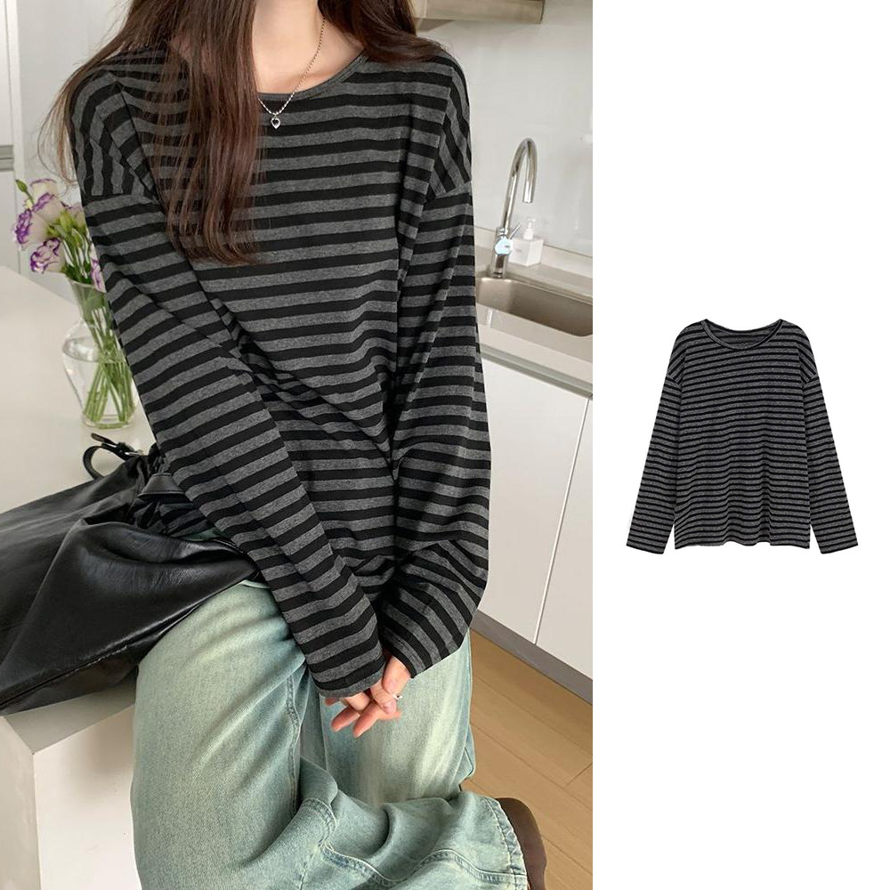 Craftsman One Cross-Border Black and Gray Striped Round Neck Long Sleeve T-Shirt for Women 2025 Early Autumn New Commuter Style Loose Base Shirt