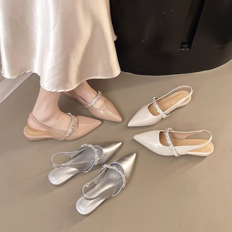 Giant slim ~ French rhinestone silver pointed back empty Mary Jane small leather shoes women's 2025 summer low heel baotou sandals