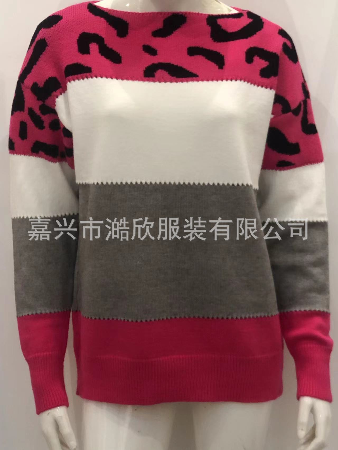 跨境欧美新款针织衫女2022秋冬豹纹套头拼色一字领女式毛衣打底衫 pic 8