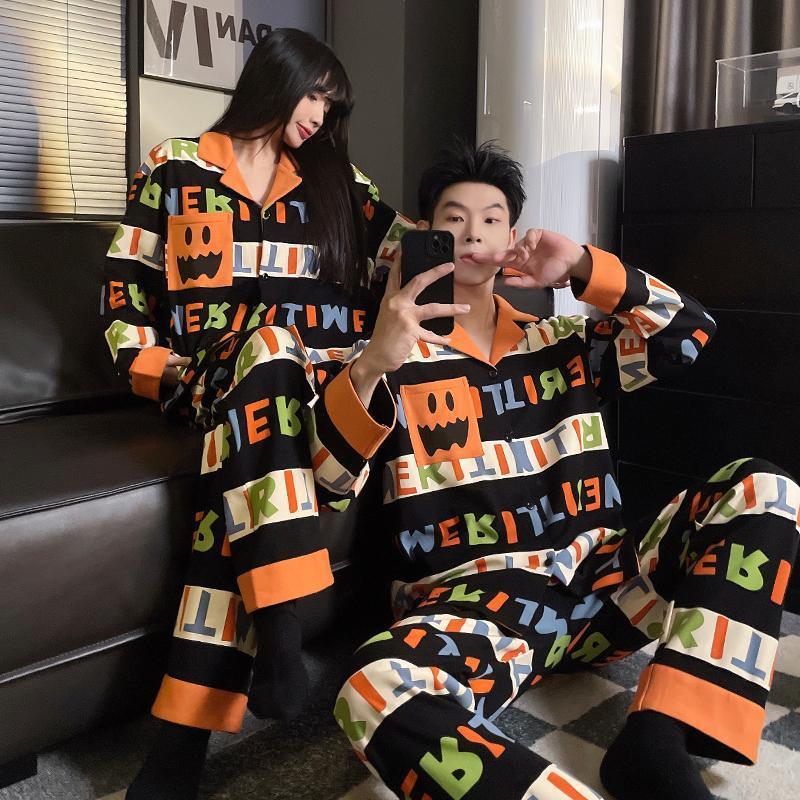 Couple Pajamas with Breast Pads for Women Spring and Autum Long-Sleeved Large Size Letters Teenagers Men's Winter Home Wear Set